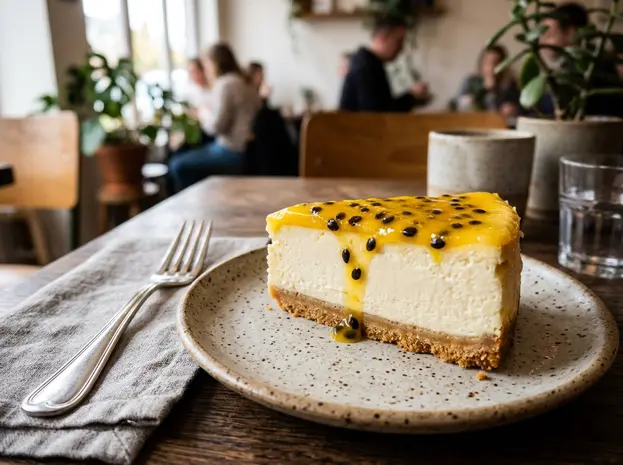 Passion fruit cheesecake on a plate