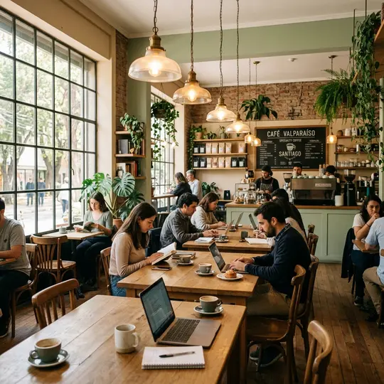 Café interior with people working at the tables